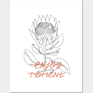 One line protea flower. Fashion typography slogan "Enjoy every moment because life is so beautiful" sign. Posters and Art